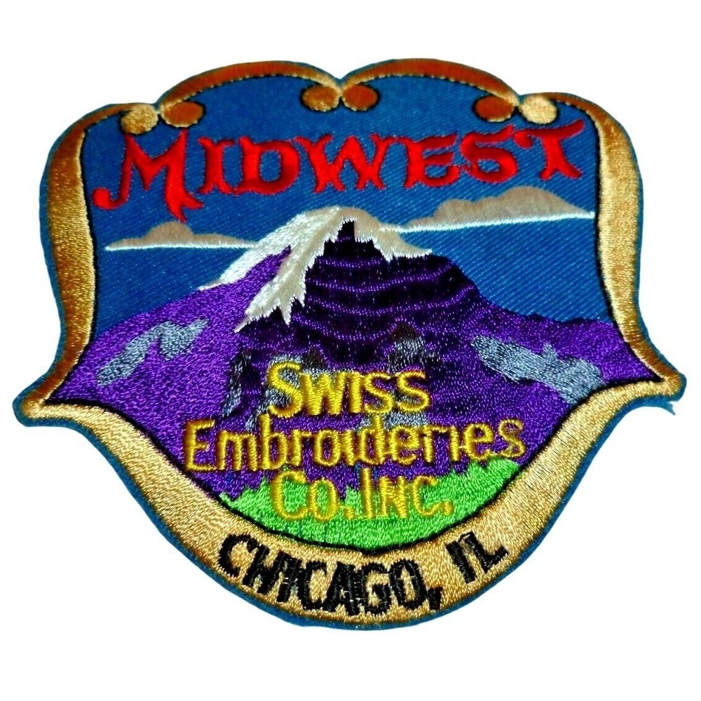 Midwest Swiss Embroideries Co Chicago IL Shield Patch Mountain Landscape Vtg 3"
